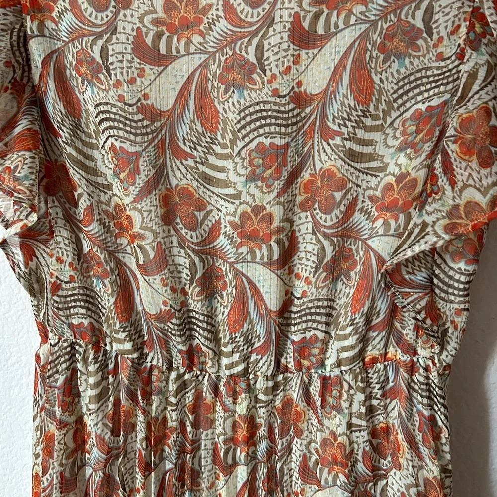 TheKorner Floral Midi Dress fully lined color rust size S vneck cap sleeve - Picture 4 of 10